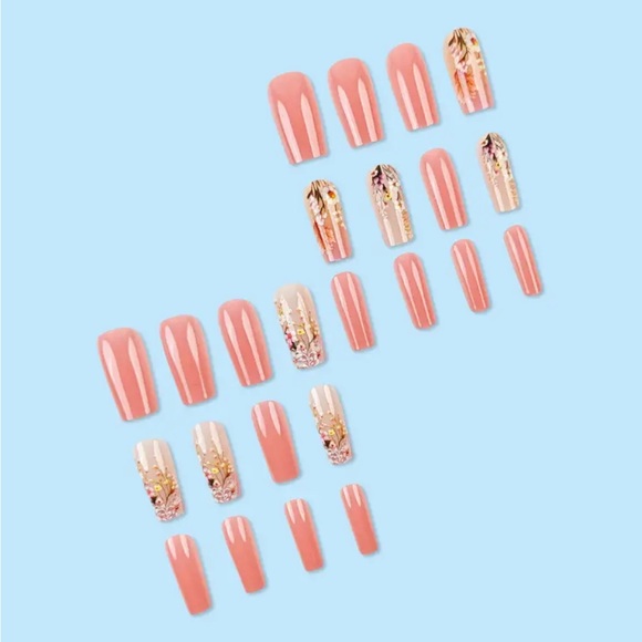 NEW 3D Floral Print Peachy Pink Coral Square Shape Nails - Picture 3 of 4